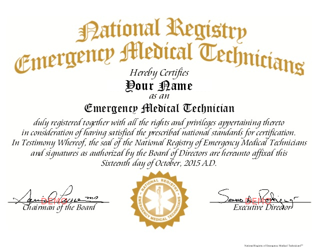 NREMT certification example for student of emt school